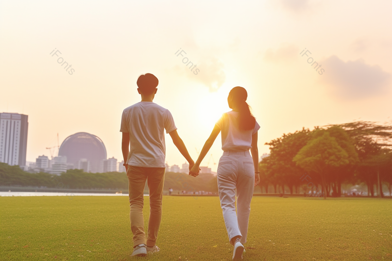 甜蜜情侣手牵手在公园散步游玩的背影摄影背景,高清,摄影图,摄影图片,图片大全,摄影图免费下载